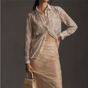 Anthropologie sheer sequined Snake Print Button Down Shirt